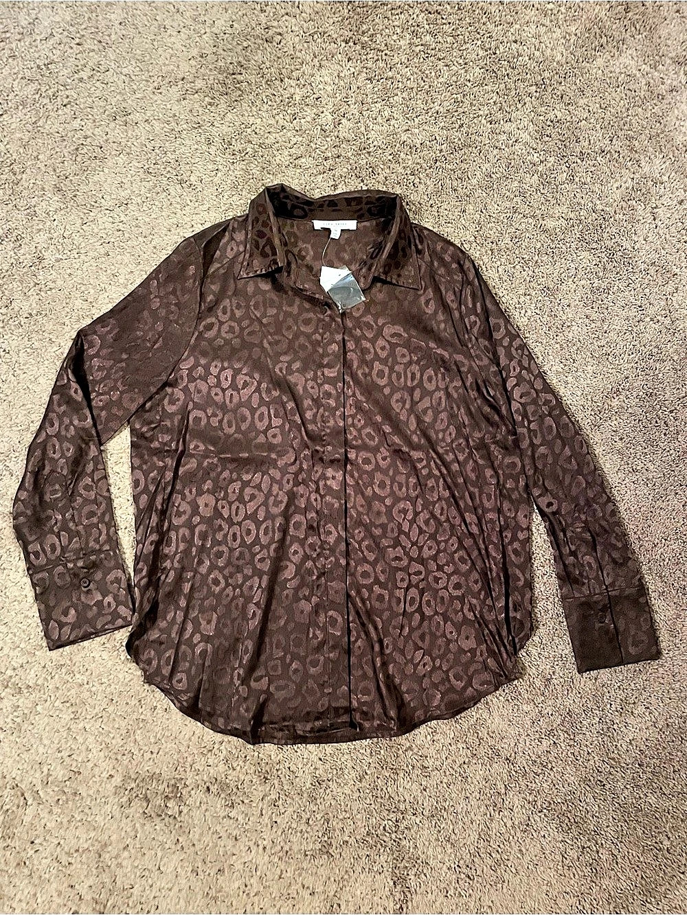 Rich Chocolate Brown Satin Leopard Print Button Down Medium NWT